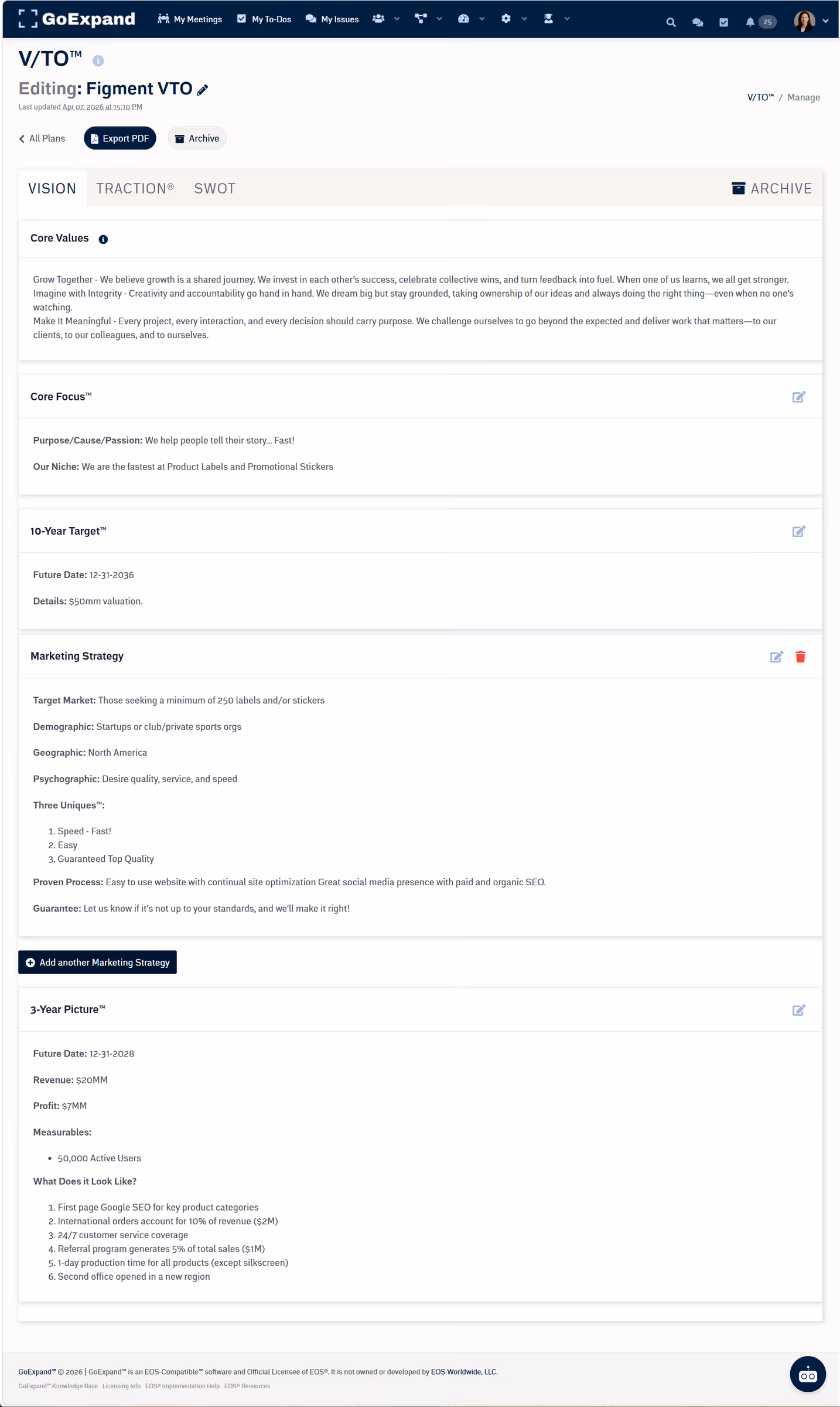 GoExpand Vision Traction Organizer showing EOS planning sections