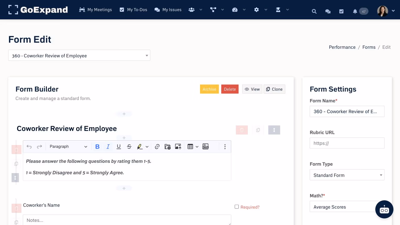 GoExpand form builder for a scored coworker review