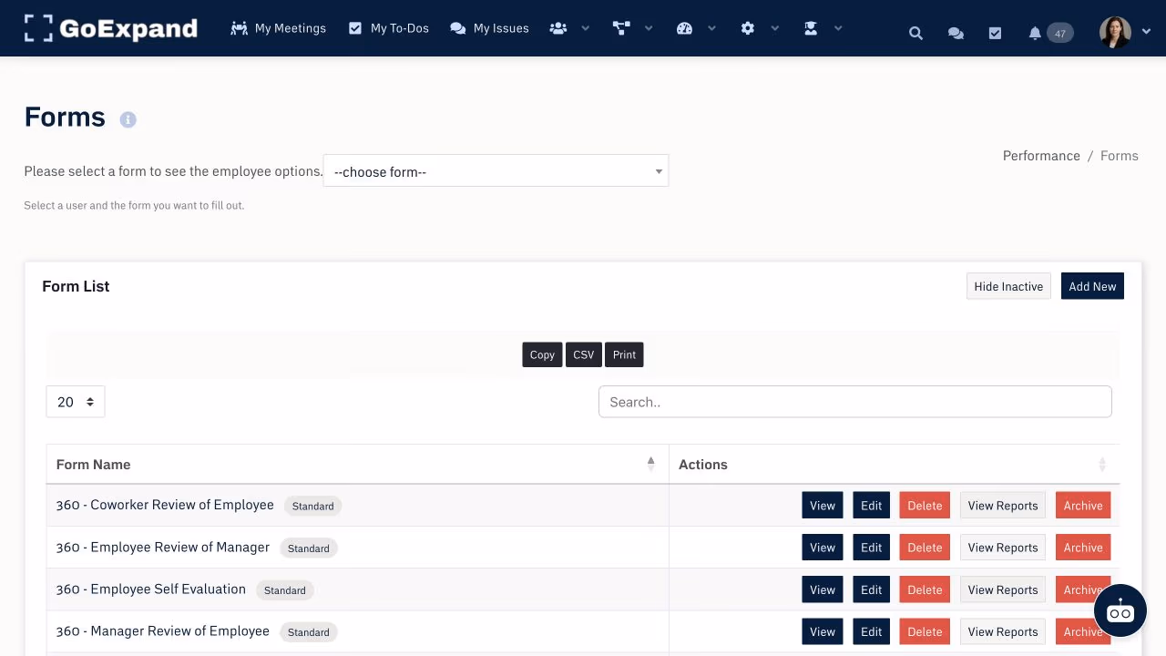 GoExpand forms library with employee reviews, reports, schedules, and actions